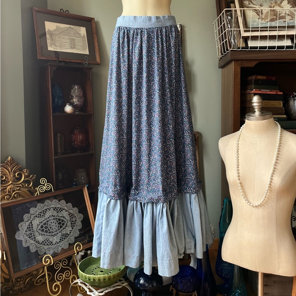 VTG PRAIRIE FLORAL COTTAGE SKIRT HOMEMADE RUFFLED HEM COTTAGECORE FARMHOUSE